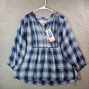 NEW Wrangler Jeans Top Blouse Women Medium Blue Plaid